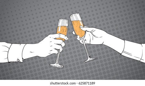 Sketched Couple Hands Clinking Glass Of Champagne Wine Toasting Pop Art Retro Pin Up Background Vector Illustration