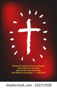 Sketched Cross with Rays of Light on a Dramatic Red and Black background. Bible Verse below as a text sample. Editable EPS10 and large jpg Illustration.