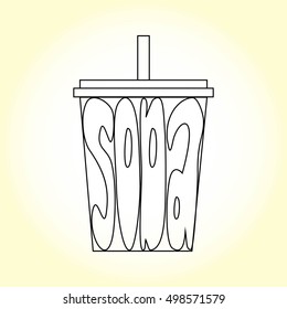 Sketched cup of soda with a straw covered with lettering SODA