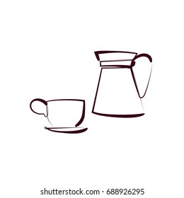 Sketched cup of tea or coffee isolated on white background. Design template for label, banner, postcard or logo.