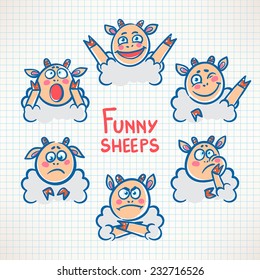 Sketched cute sheep with different emotions faces