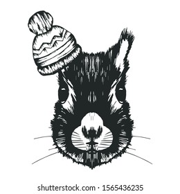 Sketched Cute Squirrel Neb Front View Wearing Winter Hat Vector Illustration. Hand Drawn Detailed Muzzle