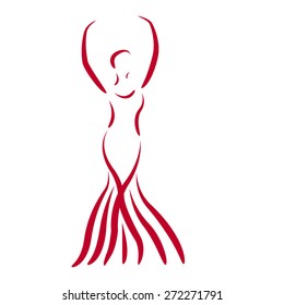 Sketched dancing girl in a long dress isolated on white background. Design template for label, banner, postcard. Vector.