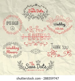 Sketched Design Elements on Crumpled Background Texture. Hand Drawn Decorative Artistic Doodle Typography, Branches, Labels for valentines card, Save the Date or Wedding card. Vector Illustration.