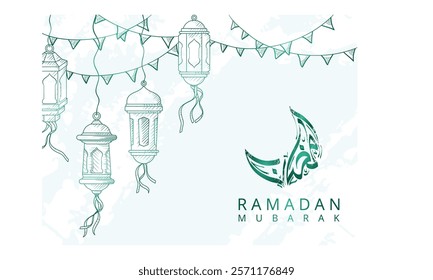 A sketched design for Ramadan Mubarak featuring hanging lanterns, bunting, and a crescent moon with Arabic calligraphy.