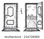 Sketched Door, Open And Closed/ Illustration of a doodle hand drawn front door opened on a spring urban backyard and closed, symbol of private and public, with mat to wipe foot