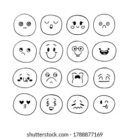 Gesichtsausdrückensatz mit Skizze. Happy Hand gezeichnet lustige Smileys Gesichter. Kawaii Stil. Kollektion emotionaler Zeichentrickfiguren. Emoji-Symbole. Vektorgrafik