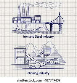 Sketched factory industrial landscape. Metallurgical and mining production vector