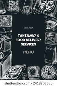 Sketched fast food flyer. Hand-drawn vector illustration on chalkboard. Take away food poster template. Delivery restaurant menu design