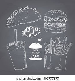 Sketched fast food set with burger, french fries, taco and paper cup of milk shake. Design for cafe, restaurants, diner menu. Chalk style vector illustration. Chalkboard background