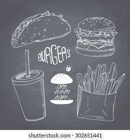 Sketched fast food set with burger, french fries, taco and paper cup of milk shake. Design for cafe, restaurants, diner menu. Chalk style vector illustration. Chalkboard background