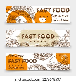 Sketched fast food vector banners template design. Illustration of sketched fast food and snack sketch, hamburger and sandwich