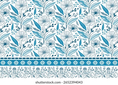 Borde de flor bosquejado con patrón de dibujo de línea sin costuras para tela textil digital de moda y embalaje de impresión

