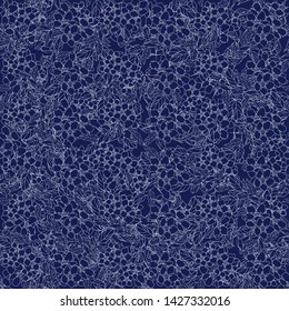 Sketched flower print in blue colors. Seamless pattern background. Fashion illustration. Idea for design.