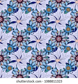 Sketched flower print in blue, gray and orange colors - seamless background.