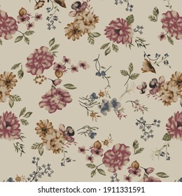 
sketched flower print in bright colors, soft color flower - seamless background