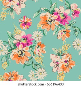 sketched flower print in bright colors - seamless background
