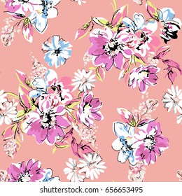 Sketched flower print in pink ~ seamless background