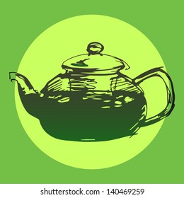 Sketched freehand green tea pot in a circle green background, vector