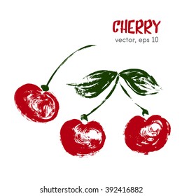 Sketched  fruit illustration of cherry. Hand drawn brush food ingredient. Vector bio, eco icon, logo design template. Concept for organic products, harvest, healthy food, vegetarian, raw food diet. 