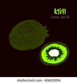 Sketched fruit illustration of kiwi bright on a dark background. Hand drawn brush food ingredient. Vector bio and eco icon, logo design template. Concept for healthy food.