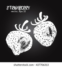 Sketched fruit illustration of strawberry white on blackboard. Hand drawn brush food ingredient. Vector bio and eco icon, logo design template. Concept for healthy food.