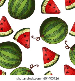 Sketched fruits background. Vector seamless pattern with watermelon. Hand drawn illustration