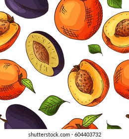 Sketched fruits background. Vector seamless pattern with plum and peach. Hand drawn illustration