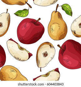 Sketched fruits background. Vector seamless pattern with apple and pear. Hand drawn illustration
