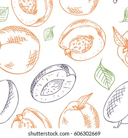 Sketched fruits background. Vector seamless pattern with plum and peach. Hand drawn illustration