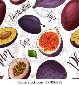 Sketched fruits background. Vector seamless pattern with figs and plum and passionfruit. Hand drawn illustration.
