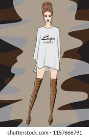 Sketched girl, dressed in t-shirt and hessian boots. Logo on t-shirt - Fashion trend 2019. Logo mania. Abstract background. Vector image. Eps 10.