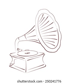 Sketched gramophone talking machine isolated on white background. Design template for label, banner, postcard. Party invitation. Gramophone vector illustration.