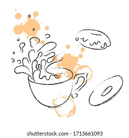 Sketched hand drawn coffee cup, hot tea drink with donuts. Tea cup symbol with stains of drinks. Vector illustration in sketch style, outline. Pencil sketch.