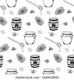 Sketched hand drawn illustration of honey jar with bee.outline isolated monochrome on white.seamless pattern