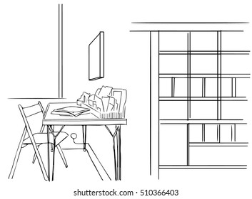 Sketched hand drawn interior of the room in doodle style with table, chair,  empty cupboard 