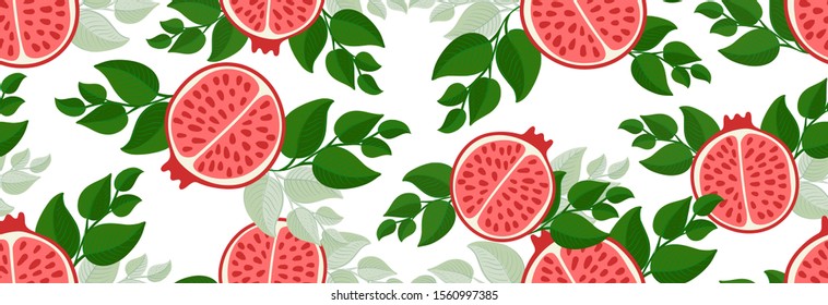 Sketched Hand drawn pomegranate seamless pattern print on t-shirt, wallpaper of Rosh Hashana, fruit background. Piece of pomegranate with seeds and green leaves isolated on a white background.