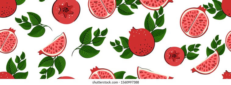 Sketched Hand drawn pomegranate seamless pattern print on t-shirt, wallpaper of Rosh Hashana, fruit background. Fresh Piece of pomegranate with seeds, green leaves isolated on a white background.