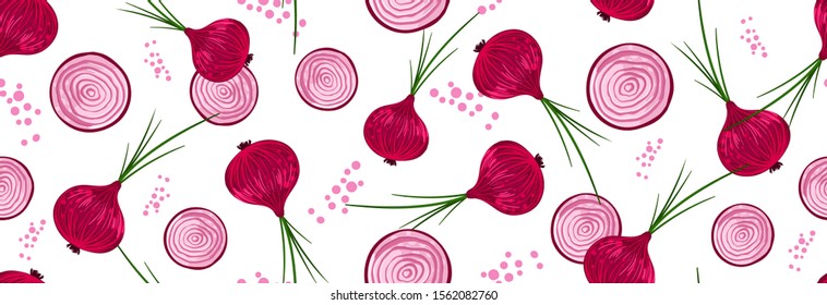 Sketched Hand drawn seamless pattern red onion with green onion, cutaway onion top view isolated on a white background, flat lay for culinary blog, video recipe screensaver, patchwork fabric.