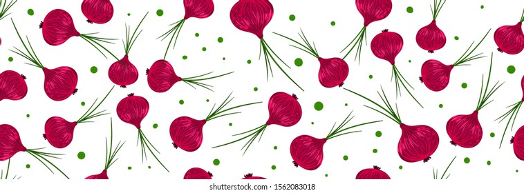 Sketched Hand drawn seamless pattern red onion with green onion,  top view isolated on a white background, flat lay for culinary blog, video recipe screensaver, patchwork fabric.