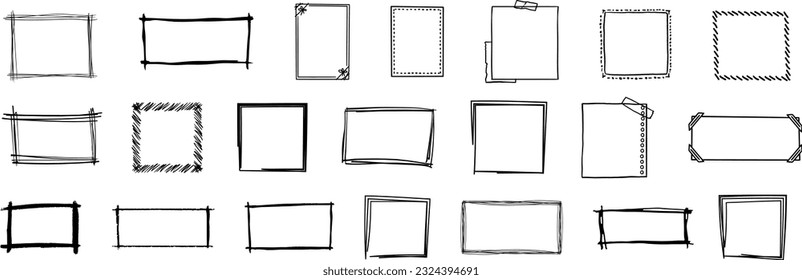 Sketched hand drawn square shapes in different styles borders and photo frames vector set. Doodle frames. Vector illustration