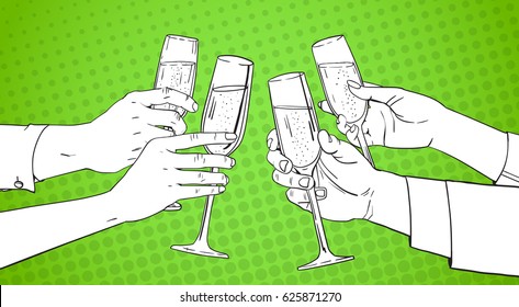 Sketched Hands Group Clinking Glass Of Champagne Wine Toasting Pop Art Retro Pin Up Background Vector Illustration