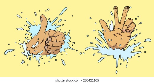 Sketched hands in water splash. Thumb like. Vector illustration.