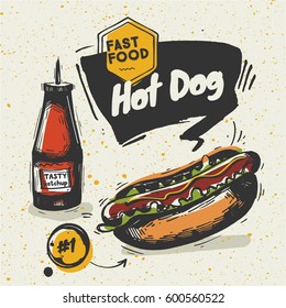 Sketched Hot Dog with different fast food elements