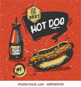 Sketched Hot Dog with different fast food elements. Red background