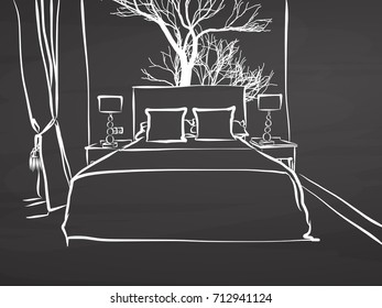 Sketched hotel room on chalkboard, handdrawn vector sketch, clean outlines, vintage style blackboard.