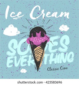 Sketched Ice Cream cone - bilberry taste. White clouds
