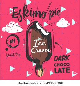 Sketched Ice Cream - Eskimo pie. Chocolate with vanilla. Pink background