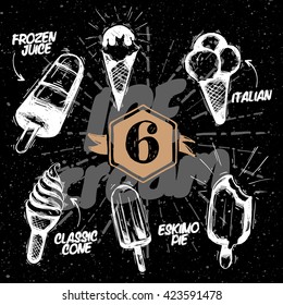 Sketched Ice Cream Set with different elements. Dark background
