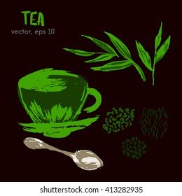 Sketched illustration of  herbal tea bright on a dark background. Hand drawn brush food ingredient. Vector bio and eco icon, logo design template. Concept for healthy food.